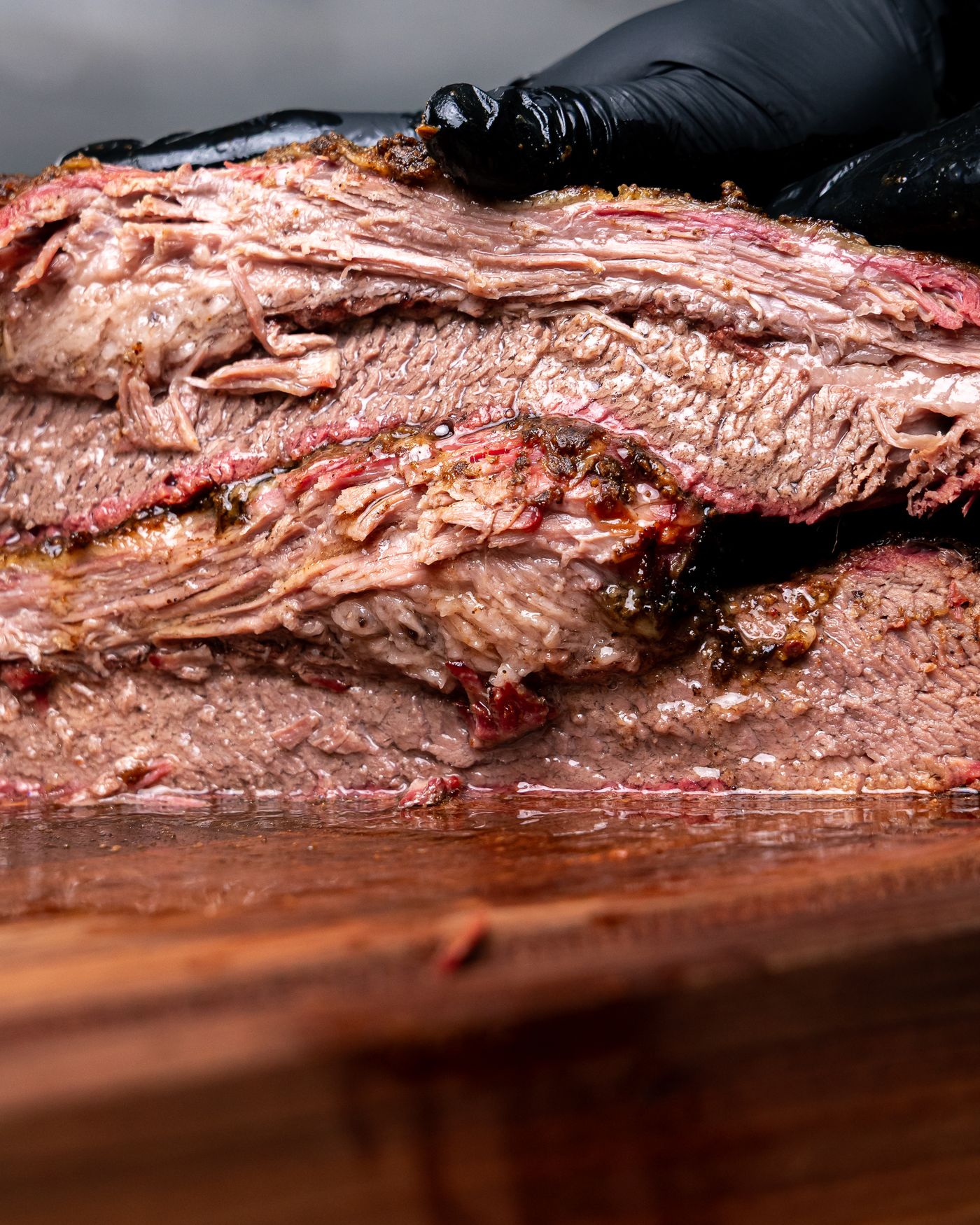 Close-up of juicy sliced smoked brisket